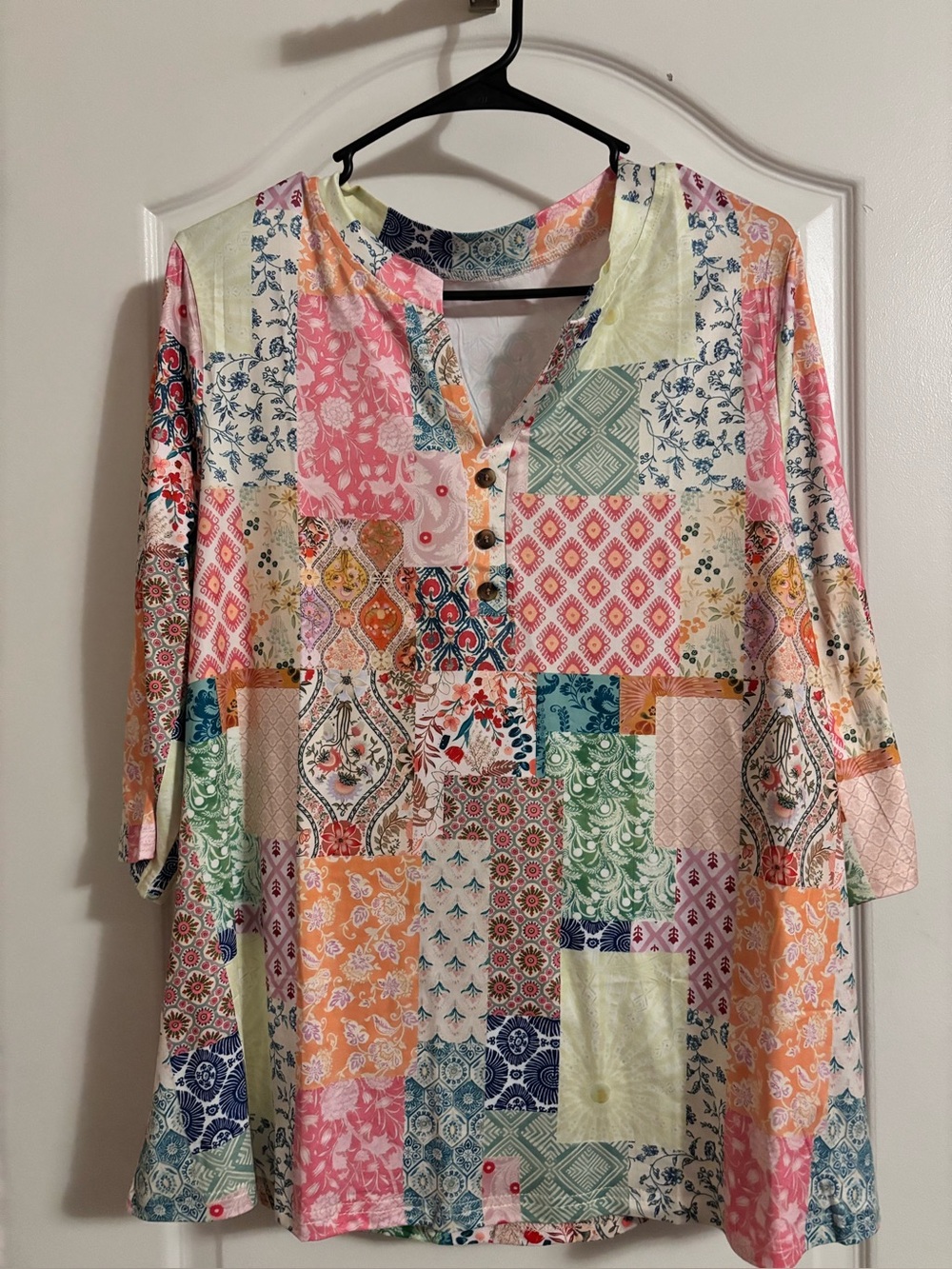 Patchwork Print Henley Tunic Top - Multicolor